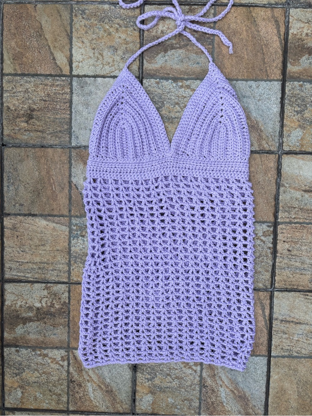 Lavender Crochet Waffle Stitch Mini Dress | Triangle Cup Halter Cover Up | M